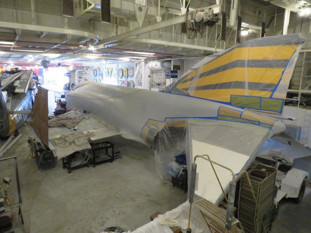 — — - The F-4J Phantom getting a fresh, new coat of paint. Looking really good and can't wait to see it when it is done! (Photo taken at   USS Hornet Museum Alameda, CA).