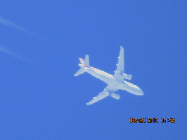 Airbus A319 (N821) - U.S. Airways flight 1906 from Charlotte to Kansas City over Southeastern Kansas. A little out of route due to thunderstorms in Missouri.
