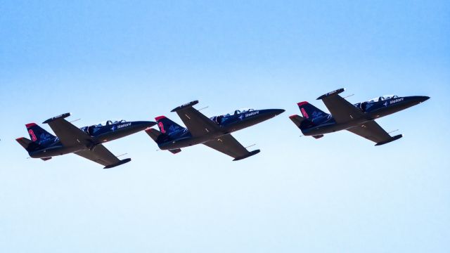 Aero L-39 Albatros (N439DH) - Patriots Jet Team Aero L39 Albatros, rt to lft, N439DH,N239RH and N339DH return to Byron Airport after performing over Sonoma Raceway, June 2022.