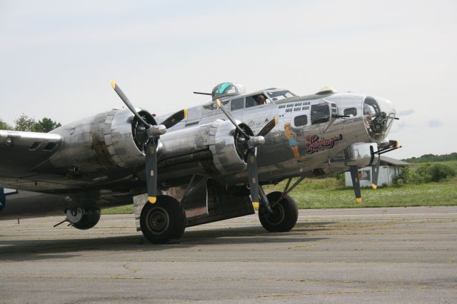 — — - On the tarmac at Schenectady County Airport on August 16, 2014 with Sentimental Journey, B17G, of the Commemorative Air Force