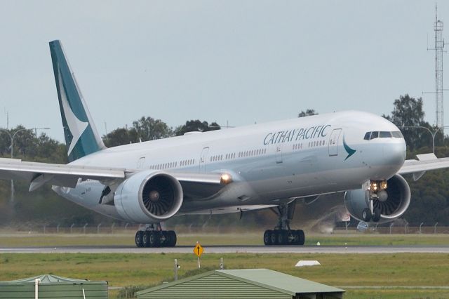 BOEING 777-300ER (B-KPR) - Adelaide, South Australia, June 7, 2020. Seconds after touchdown on runway 05 of the first of proposed weekly Cathay Pacific cargo flights from and back to Hong Kong. The flight had routed HKG-SYD-ADL-HKG.