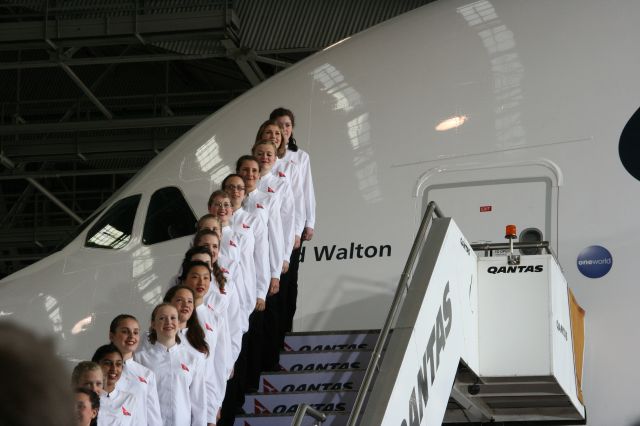 Airbus A380-800 (VH-OQA) - The Qantas choir that sings I still call Australia Home at the delivery of it,s first Qantas A380, Nancy-Bird Walton. 2008