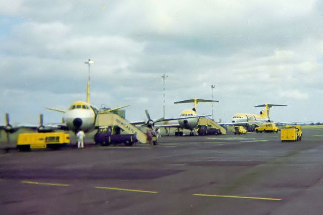 — — - Defunct Northeast Airlines (UK) - One Vickers Viscount & two HS 121 Tridents on the NCL tarmac (NCL/EGNT) (Photo Circa 1975) (The Tridents possibly G-AVYC & G-AVYD, Viscount registration unknown) (Image transferred from colour negative)