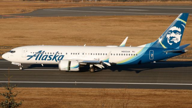 Boeing 737 MAX 8 (N803AK) - Alaska Airlines ASA89/AS89 from Anchorage (PANC/ANC) landing on runway 26br /Reg: N803AKbr /MSN: 67803br /Type: Boeing 737-MAX 8--B38M--7M8br /Photo date: 11-18-24br /Upload date: 11-21-24