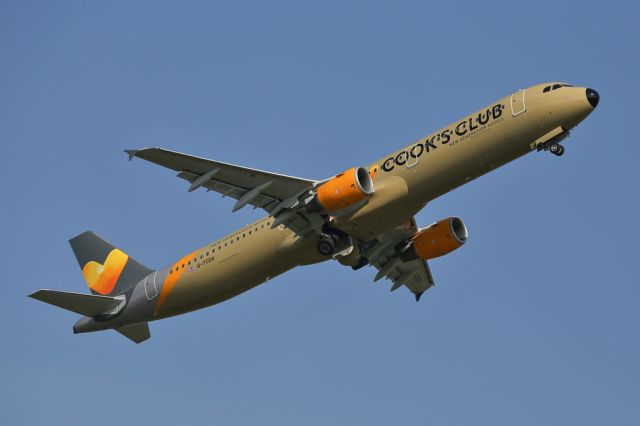 Airbus A321 (G-TCDV) - TCX230 departs to Dalaman with the "I love Cooks Club" special scheme