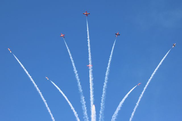 Canadair CL-41 Tutor (11-4096) - The RCAF Snowbirds 1 through 9 during Friday evening twilight performance at AirShow London 2017 on 22 Sept 2017. The CT-114 Tutor’s at this event included: 114051/1, 114109/2, 114009/3, 114145/4, 114013/5, 114090/6, 114131/7, 114149/8, 114096/9, 114161/10, and 114146/11.