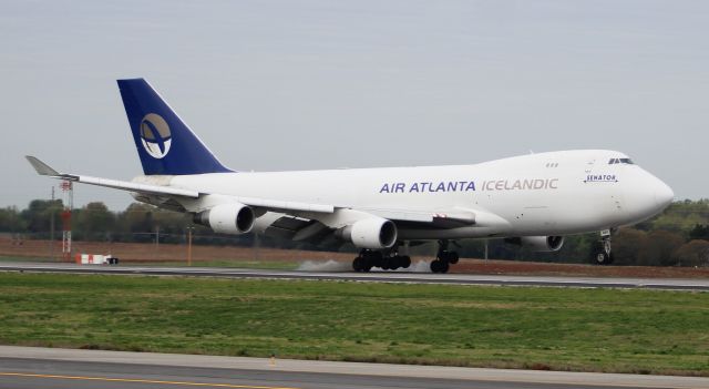 Boeing 747-400 (TF-AMQ) - An Air Atlanta Icelandic Boeing 747-400 (ABD361) touching down on Runway 36L under high overcast at Carl T. Jones Field, Huntsville International Airport, AL - April 9, 2018.