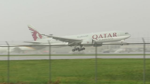 BOEING 777-200LR (A7-BFC) - QTR8139 About to touchdown on a slippery runway to complete a cargo flight from Shannon Ireland to Louisville Kentucky