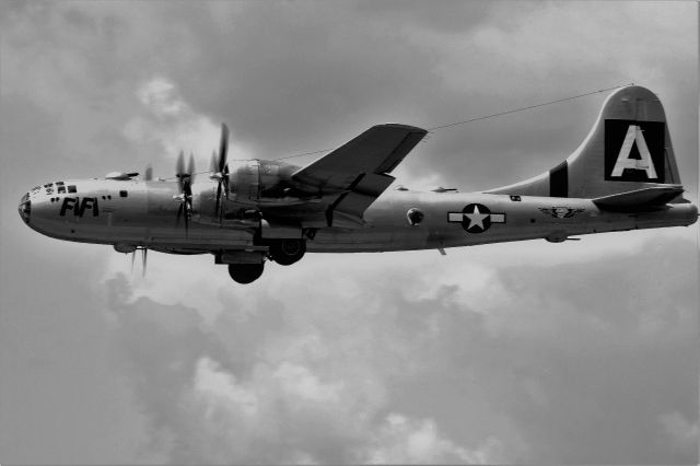 Boeing B-29 Superfortress (NX529B) - Fifi departing Appleton with building cumulus clouds to the West.  