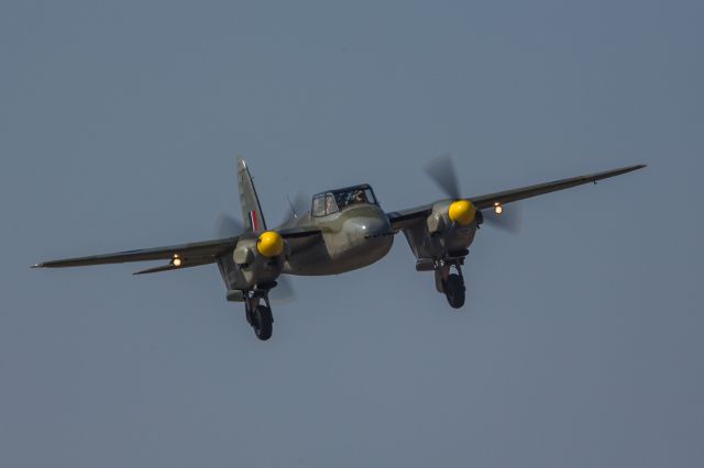 De Havilland Mosquito (F-PMOZ) - De Havilland DH-98 Mosquito <br>This is a 3/4 scale Mosquito which first flew on 23rd April 2011. It looks remarkably like the full size aircraft, a real tribute to the 30,000 hours and 17 years of work. The livery is that of an aircraft lost on 15th January 1945 in Norway, piloted by Max Guedj with Flight Lieutenant Langley as Navigator.