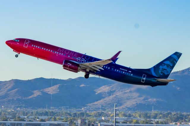 Boeing 737-900 (N493AS) - Alaska Airlines 737-900 in More To Love special livery taking off from PHX on 11/11/22. Taken with a Canon R7 and Tamron 70-200 G2 lens.