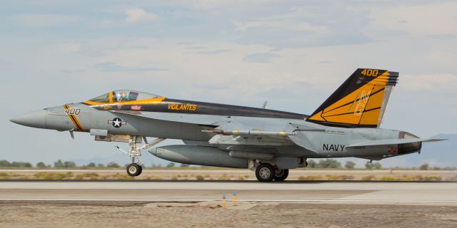 16-8471 — - My first of two posts into the gallery for today is another "first appearance" photo: this is the first time 168471 has been presented in the FA gallery.  The VFA-151 "Vigilantes" CAG touches his F/A-18E Super Bug down on runway 31L at NAS Fallon as he returns from an afternoon training sortie.  At sea, VFA-151 lands on the USS John C. Stennis (CVN-74); it lands at NAS Lemoore when at its home port.