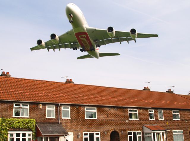 Airbus A380-800 (A6-EDF) - Passing overhead Ringway Road on very short final for runway 23R.