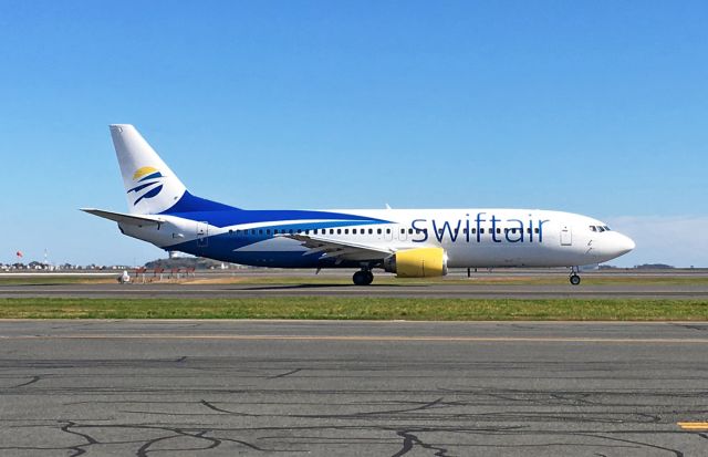 BOEING 737-400 (N458UW) - 1st phot of Swiftair new livery KBOS 10/02/17 